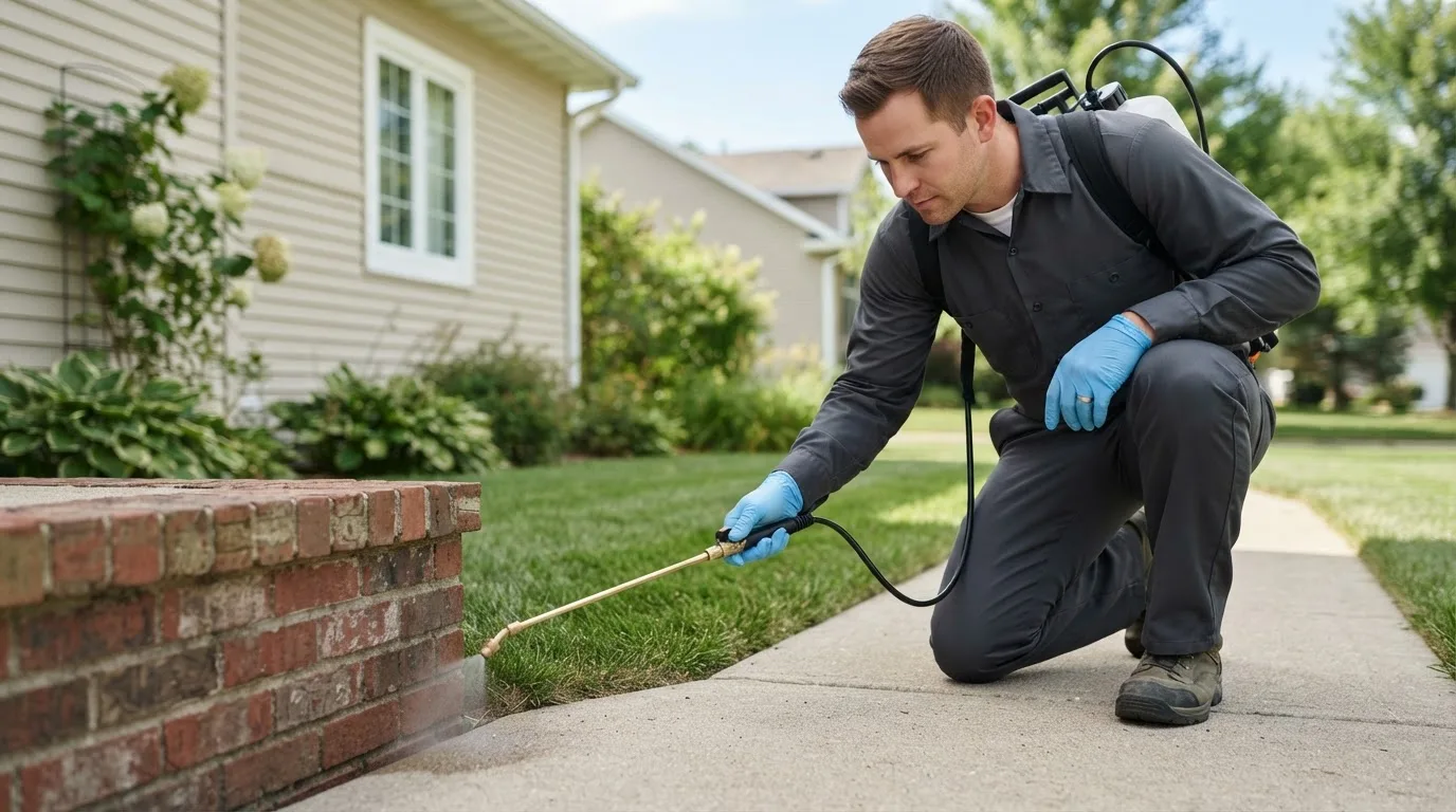 Pest control technician treating a home near Versailles, NY
