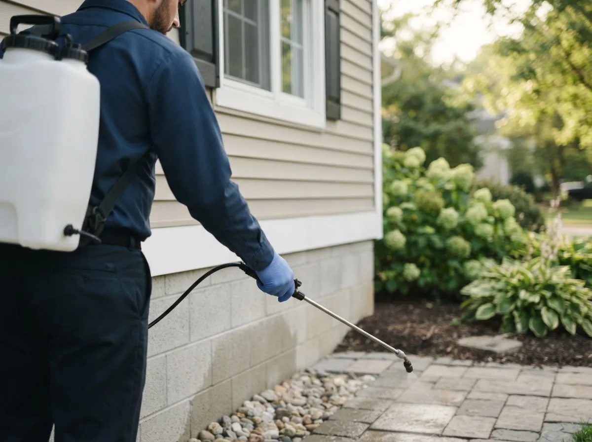 Pest control technician inspecting a home in Versailles, NY